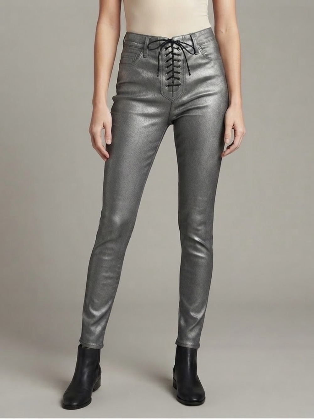 Hudson Bullocks Jeans 28 High Rise Lace Up Super Skinny Metallic Silver Coated